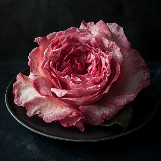 Une belle rose de couleur rose est posée délicatement. Le fond est noire.